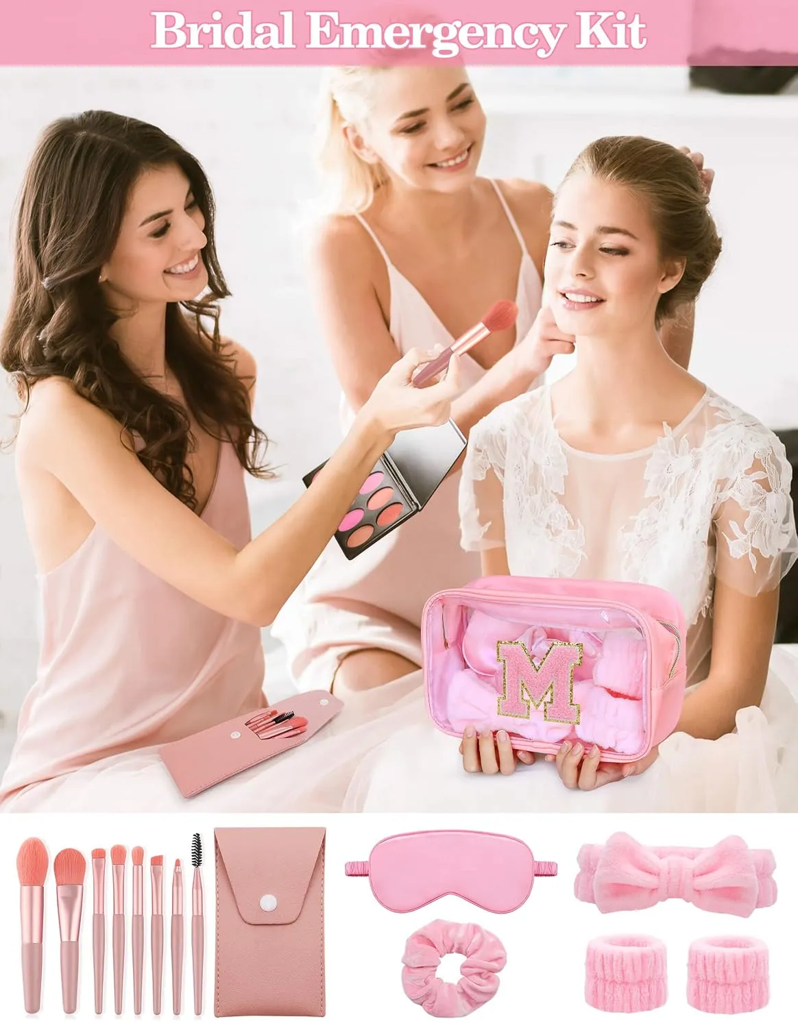 Gift Sets for Women, Initial Makeup Bag with Makeup Brush Set Bachelorette Party Favors, Pink Spa Kit with Skincare Headbands Wrist Bands Sleepover Party Supplies Gifts for Teen Girls Bridesmaid M