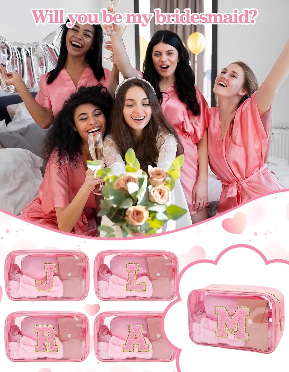 Gift Sets for Women, Initial Makeup Bag with Makeup Brush Set Bachelorette Party Favors, Pink Spa Kit with Skincare Headbands Wrist Bands Sleepover Party Supplies Gifts for Teen Girls Bridesmaid M