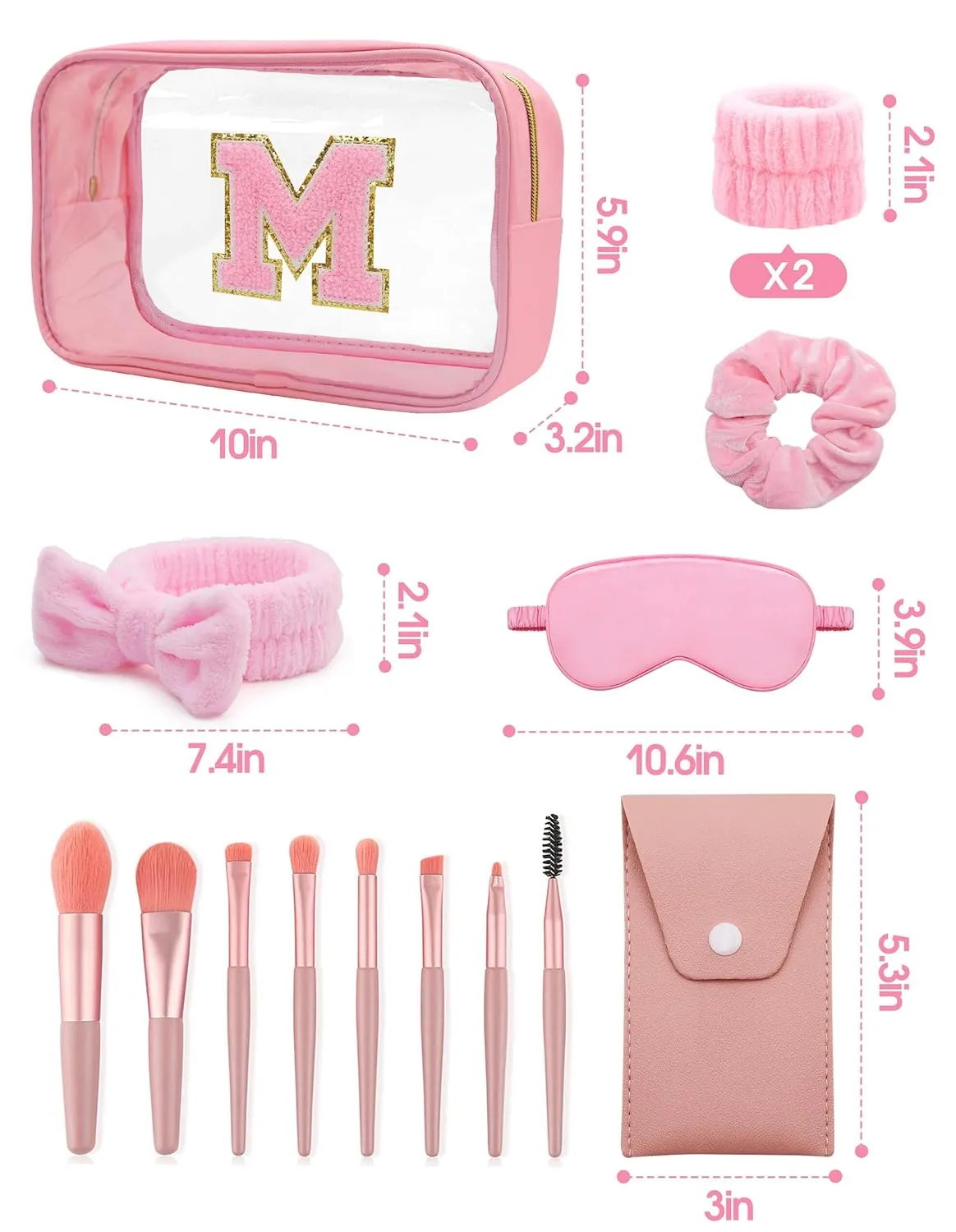 Gift Sets for Women, Initial Makeup Bag with Makeup Brush Set Bachelorette Party Favors, Pink Spa Kit with Skincare Headbands Wrist Bands Sleepover Party Supplies Gifts for Teen Girls Bridesmaid M