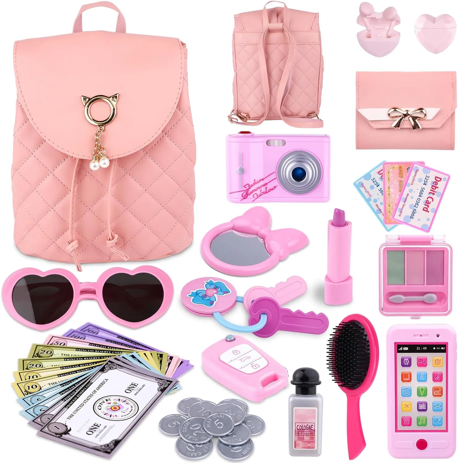 Gifts2U Play Purse for Little Girls,Toddler Purse Toy with Backpack,Camera,Earphone,Phone,Makeup Set,Wallet,Car Keys,Credit Cards,Play Money,Pretend Kids Purse Play Set for 3 4 5 6 Ages