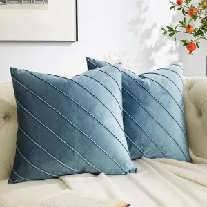 GIGIZAZA Decorative Velvet Pillow Covers 16x16, Set of 2 Stone Blue Sofa Couch Throw Pillows Covers Cases, Living Room Square Cushion Accent Stripe Covers