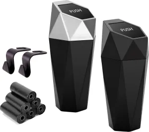 Ginsco Car Trash Can Cup Holder, 2 Pack Mini Car Trash Can with Lid, Car Accessories for Interior, Leakproof Small Trash Cup for Car, Home with Additional 2 ABS Hooks and 90pcs Trash Bags Black Silver