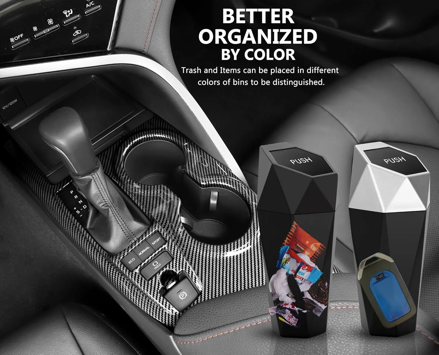 Ginsco Car Trash Can Cup Holder, 2 Pack Mini Car Trash Can with Lid, Car Accessories for Interior, Leakproof Small Trash Cup for Car, Home with Additional 2 ABS Hooks and 90pcs Trash Bags Black Silver