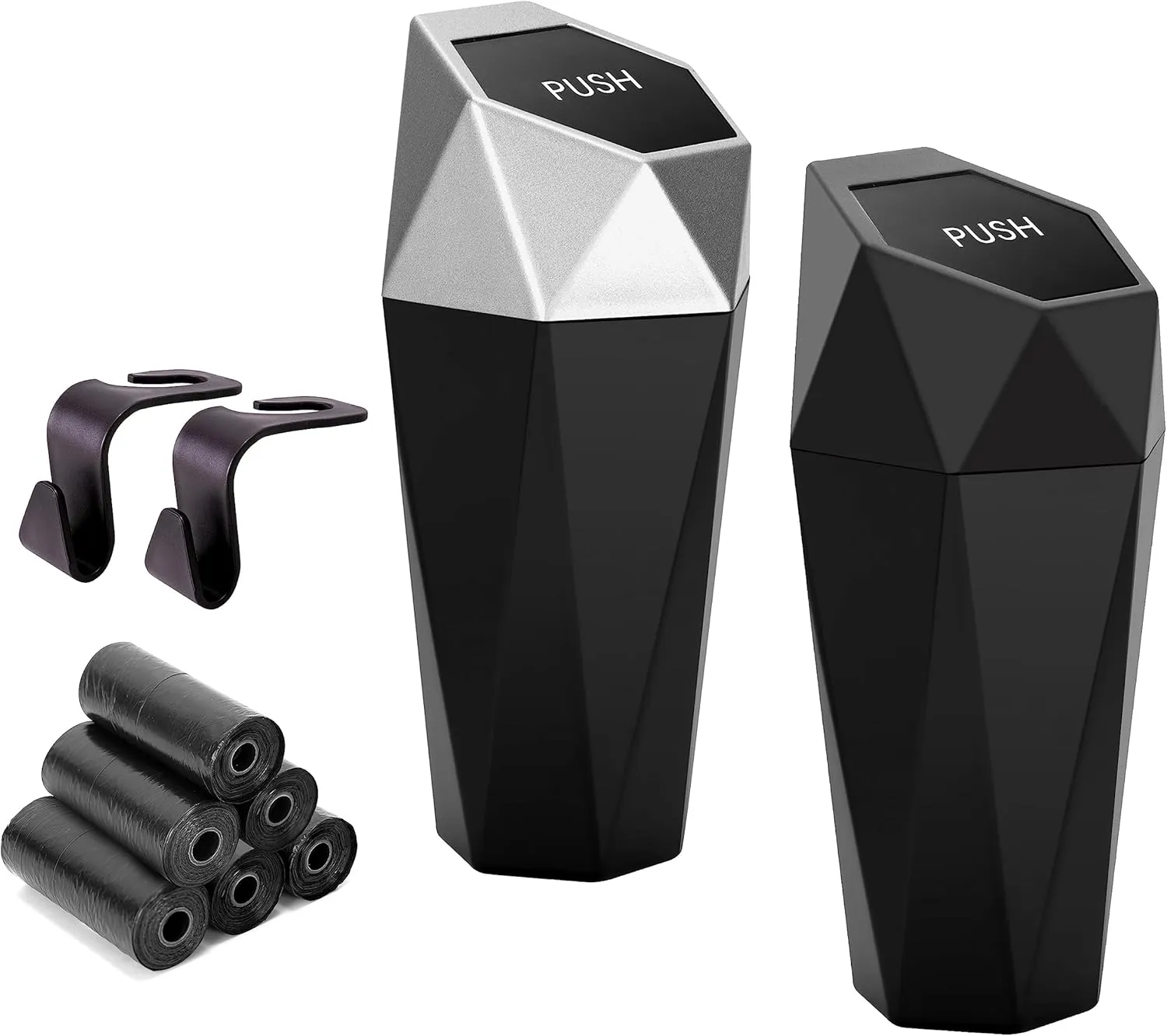 Ginsco Car Trash Can Cup Holder, 2 Pack Mini Car Trash Can with Lid, Car Accessories for Interior, Leakproof Small Trash Cup for Car, Home with Additional 2 ABS Hooks and 90pcs Trash Bags Black Silver