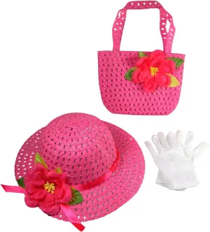 Girls Tea Party Dress Up Play Set with Sun Hat, Purse, and White Gloves