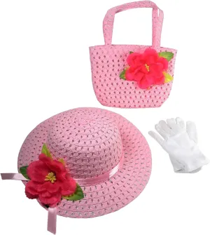 Girls Tea Party Dress Up Play Set with Sun Hat, Purse, and White Gloves