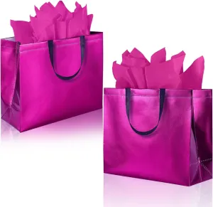 GITMIWS Sparkle Gift Bags with Tissues Set of 9 Reusable Shiny Hot Pink Large Gift Bags - Ideal for Birthdays, Parties, Weddings