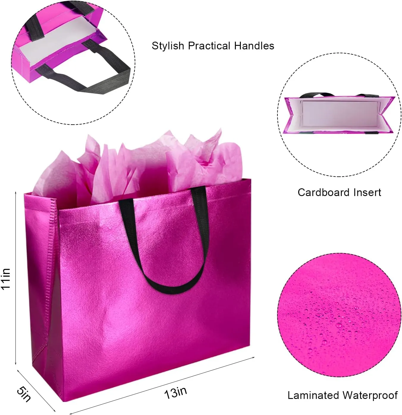 GITMIWS Sparkle Gift Bags with Tissues Set of 9 Reusable Shiny Hot Pink Large Gift Bags - Ideal for Birthdays, Parties, Weddings