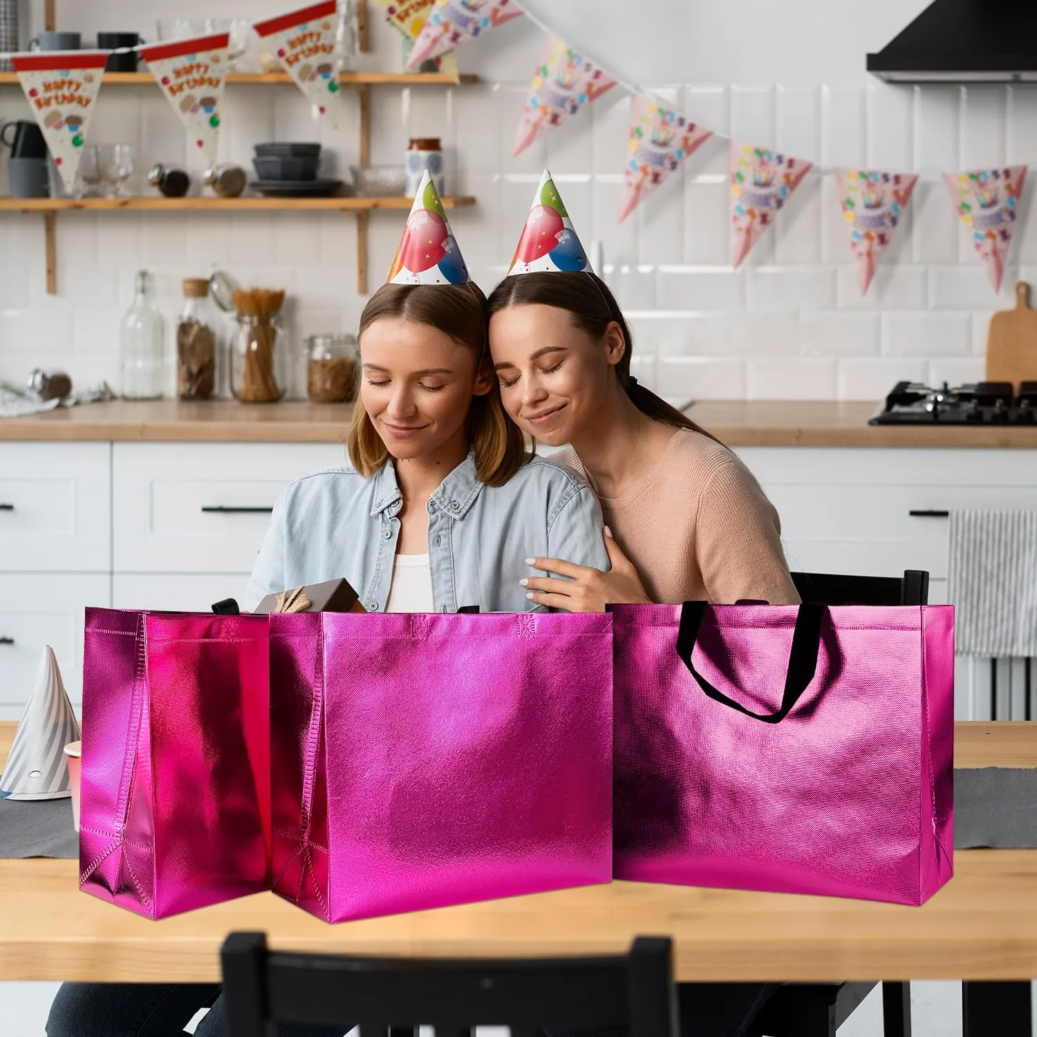 GITMIWS Sparkle Gift Bags with Tissues Set of 9 Reusable Shiny Hot Pink Large Gift Bags - Ideal for Birthdays, Parties, Weddings