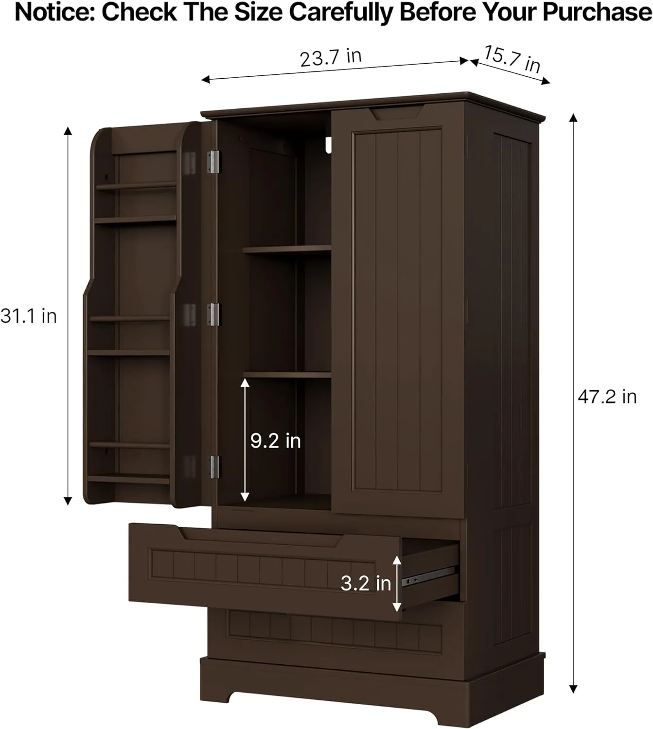 Gizoon 47" Kitchen Pantry Storage Cabinet with Drawers Freestanding Bathroom Storage Cabinets with Doors and Shelves, Small Wooden Food Pantry Cabinet for Dining Room Craft Room, Dark Brown