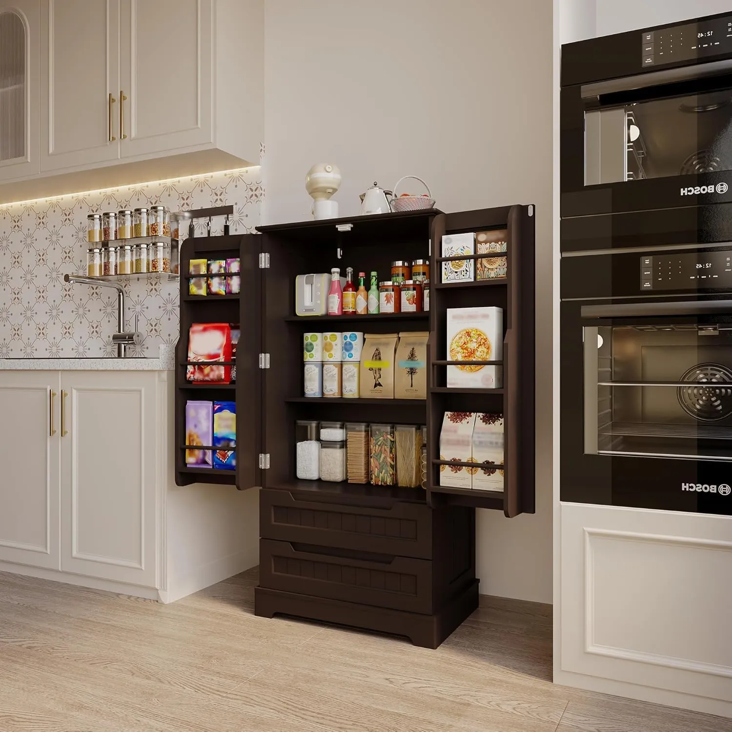 Gizoon 47" Kitchen Pantry Storage Cabinet with Drawers Freestanding Bathroom Storage Cabinets with Doors and Shelves, Small Wooden Food Pantry Cabinet for Dining Room Craft Room, Dark Brown