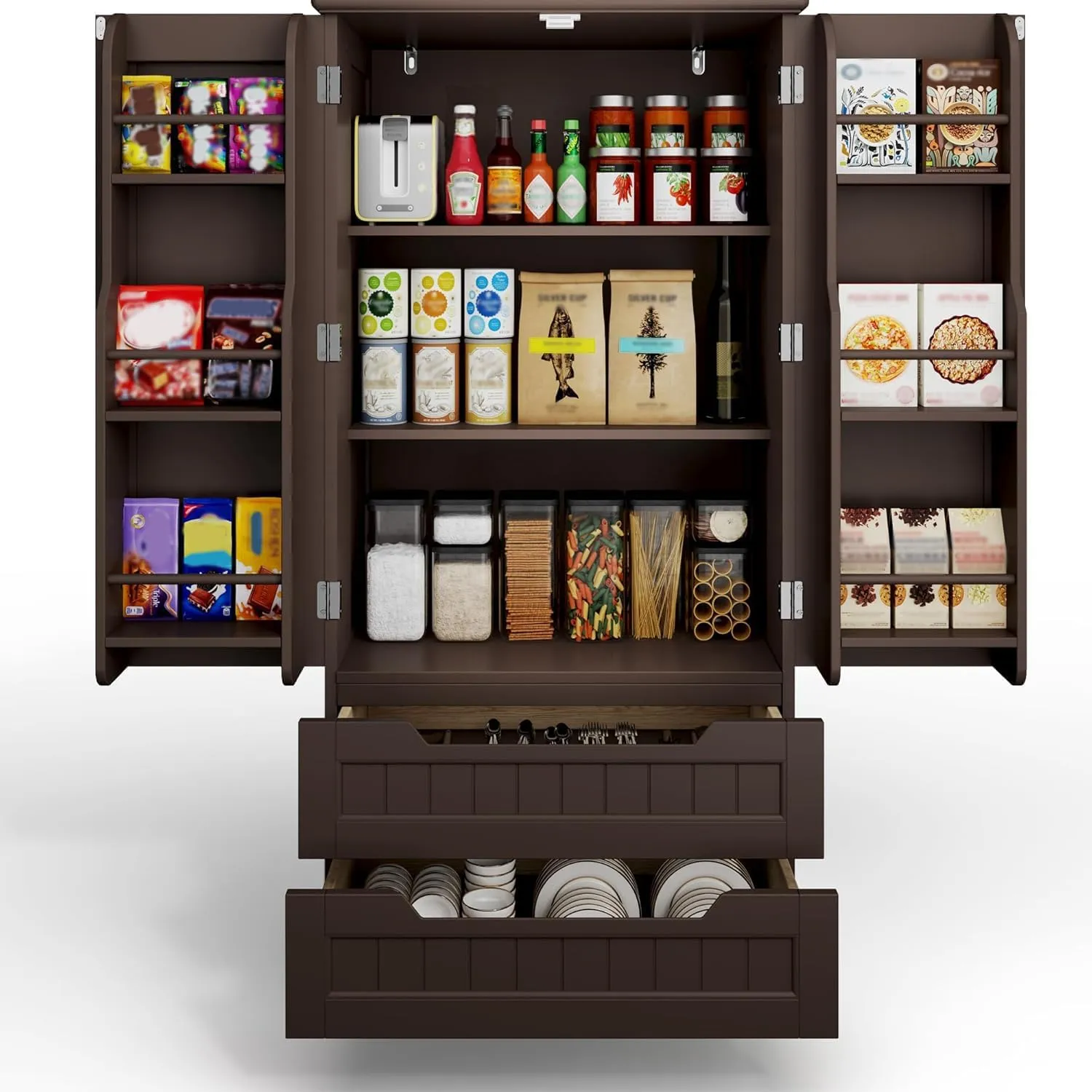 Gizoon 47" Kitchen Pantry Storage Cabinet with Drawers Freestanding Bathroom Storage Cabinets with Doors and Shelves, Small Wooden Food Pantry Cabinet for Dining Room Craft Room, Dark Brown