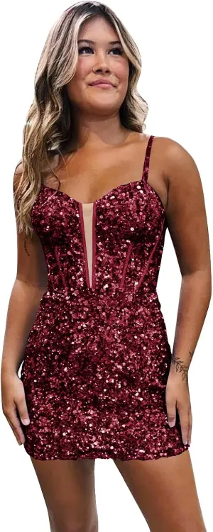 Glitter Sequin Short Tight Homecoming Dresses for Teens Spaghetti Straps Corset Mini Prom Cocktail Gowns