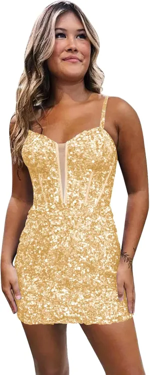 Glitter Sequin Short Tight Homecoming Dresses for Teens Spaghetti Straps Corset Mini Prom Cocktail Gowns