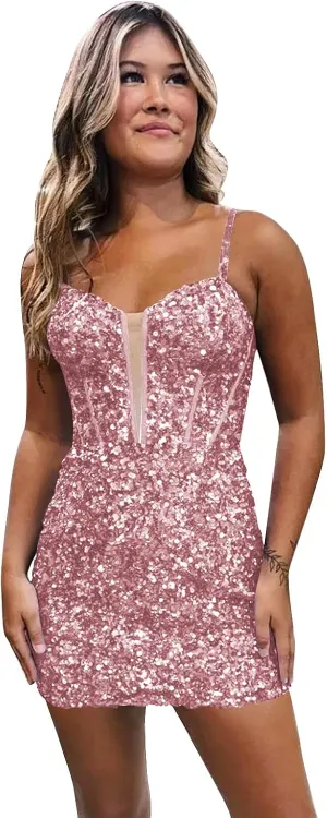Glitter Sequin Short Tight Homecoming Dresses for Teens Spaghetti Straps Corset Mini Prom Cocktail Gowns