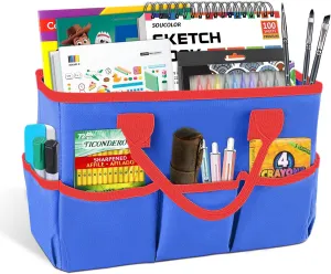 Godery Desktop Tote and Organizer, Teacher Helper Bag for Arts, Books, Stationery, Office Desk, Make-up Storage with Handles for Travel (BLUE)