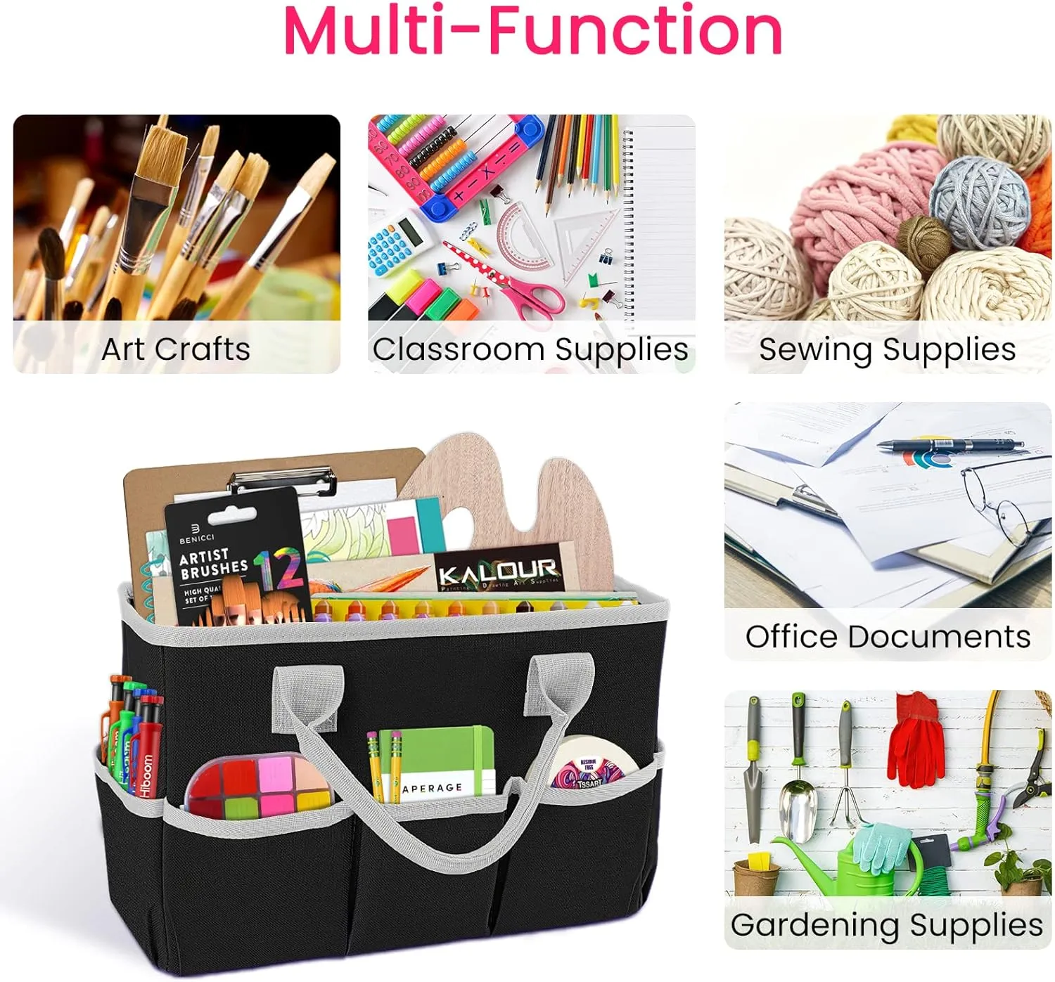 Godery Desktop Tote and Organizer, Teacher Helper Bag for Arts, Books, Stationery, Office Desk Organization, Make-up Storage with Handles for Travel (BLACK-2)