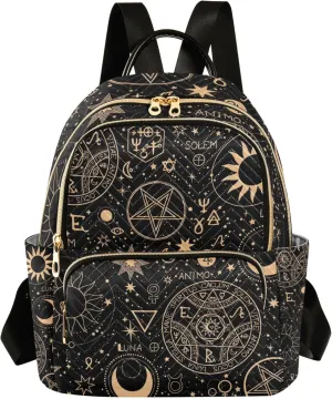 Gold Alchemical Witchcraft Sun and Moon Boho Backpack Purse for Women, Anti Theft Backpack Lightweight Small Travel Backpack Shoulder Bag
