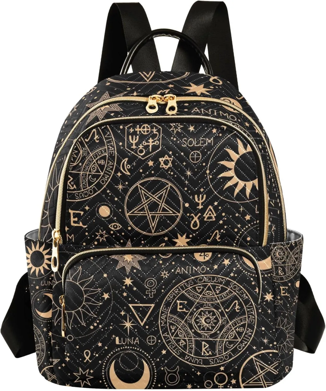 Gold Alchemical Witchcraft Sun and Moon Boho Backpack Purse for Women, Anti Theft Backpack Lightweight Small Travel Backpack Shoulder Bag