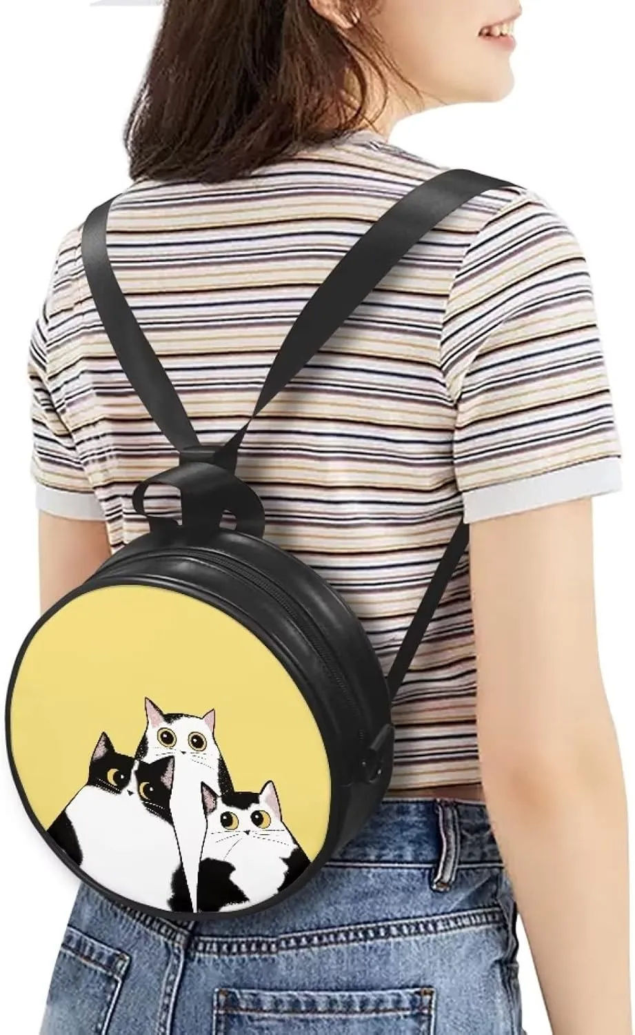 Gomyblomy Girls Womens Shoulder Handbag Casual Round Purse Zipper PU Leather Satchel with Adjustable Straps