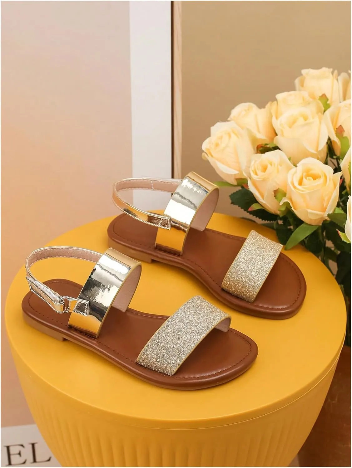 GORGLITTER Girl's Sandals Metallic Sparkly Flat Sandals Dressy Ankle Strap Cute Summer Vacation Beach Sandals 2025