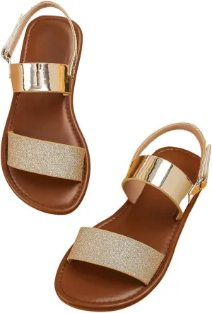 GORGLITTER Girl's Sandals Metallic Sparkly Flat Sandals Dressy Ankle Strap Cute Summer Vacation Beach Sandals 2025