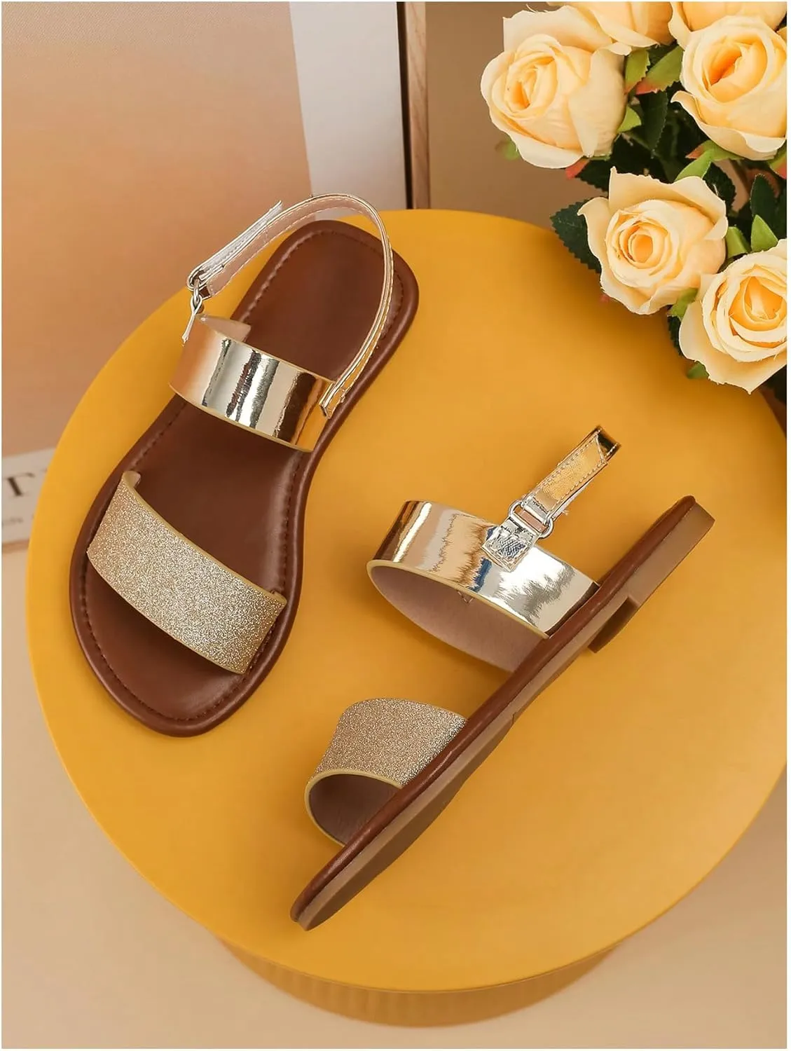 GORGLITTER Girl's Sandals Metallic Sparkly Flat Sandals Dressy Ankle Strap Cute Summer Vacation Beach Sandals 2025