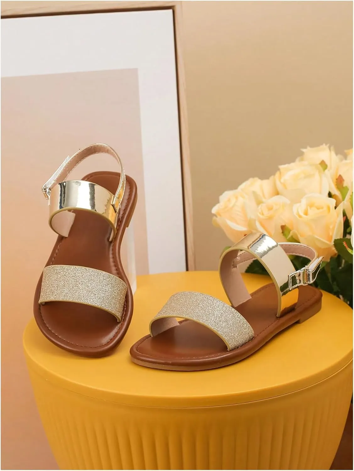 GORGLITTER Girl's Sandals Metallic Sparkly Flat Sandals Dressy Ankle Strap Cute Summer Vacation Beach Sandals 2025