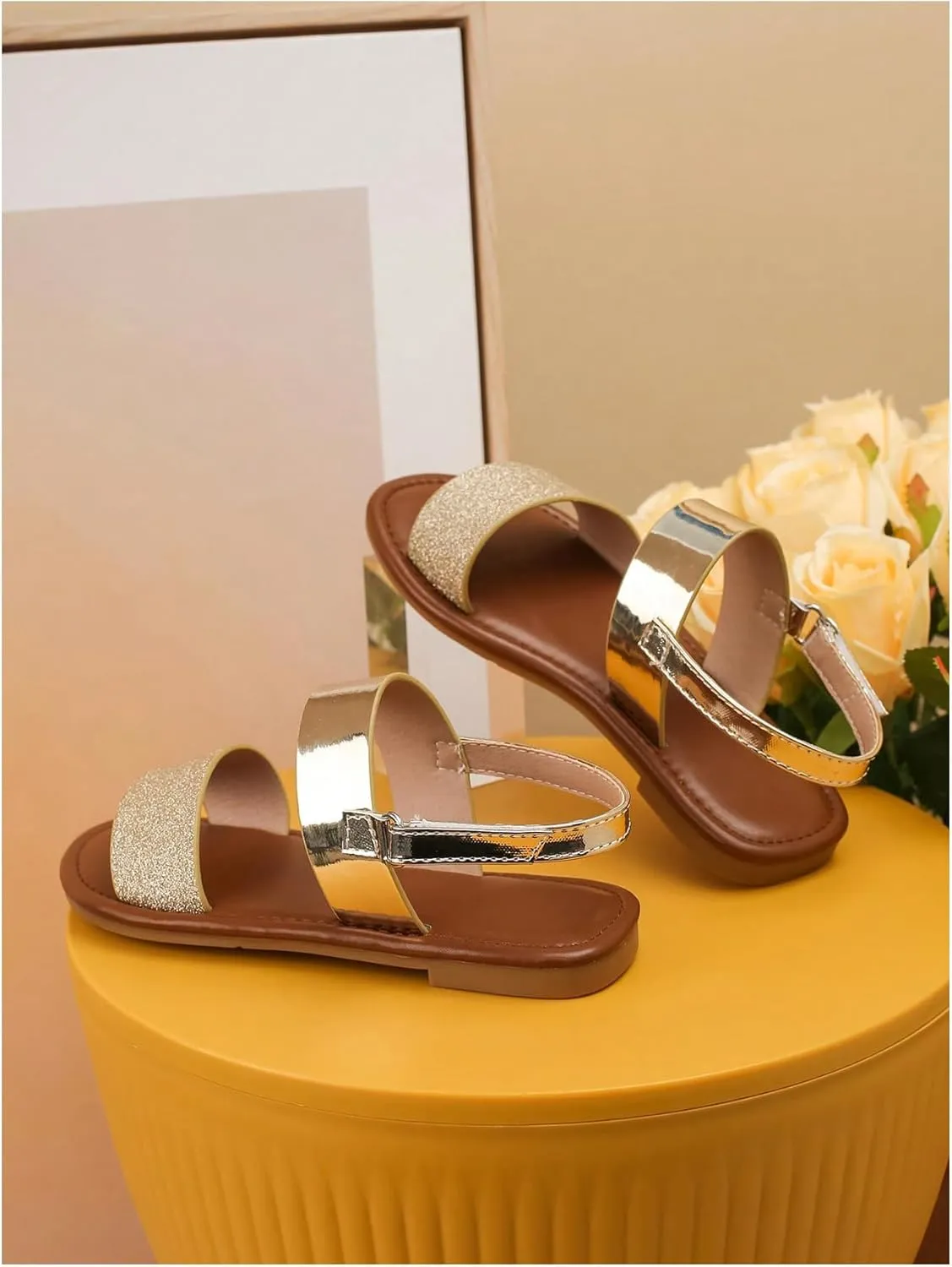 GORGLITTER Girl's Sandals Metallic Sparkly Flat Sandals Dressy Ankle Strap Cute Summer Vacation Beach Sandals 2025