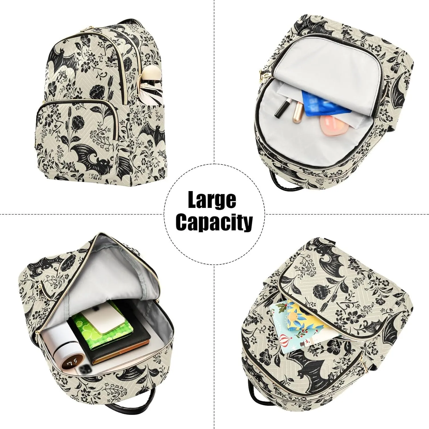Goth Bat Flowers Quilted Backpack Purse for Women Fashion Small Backpack Shoulder Bag Travel Casual Daypack