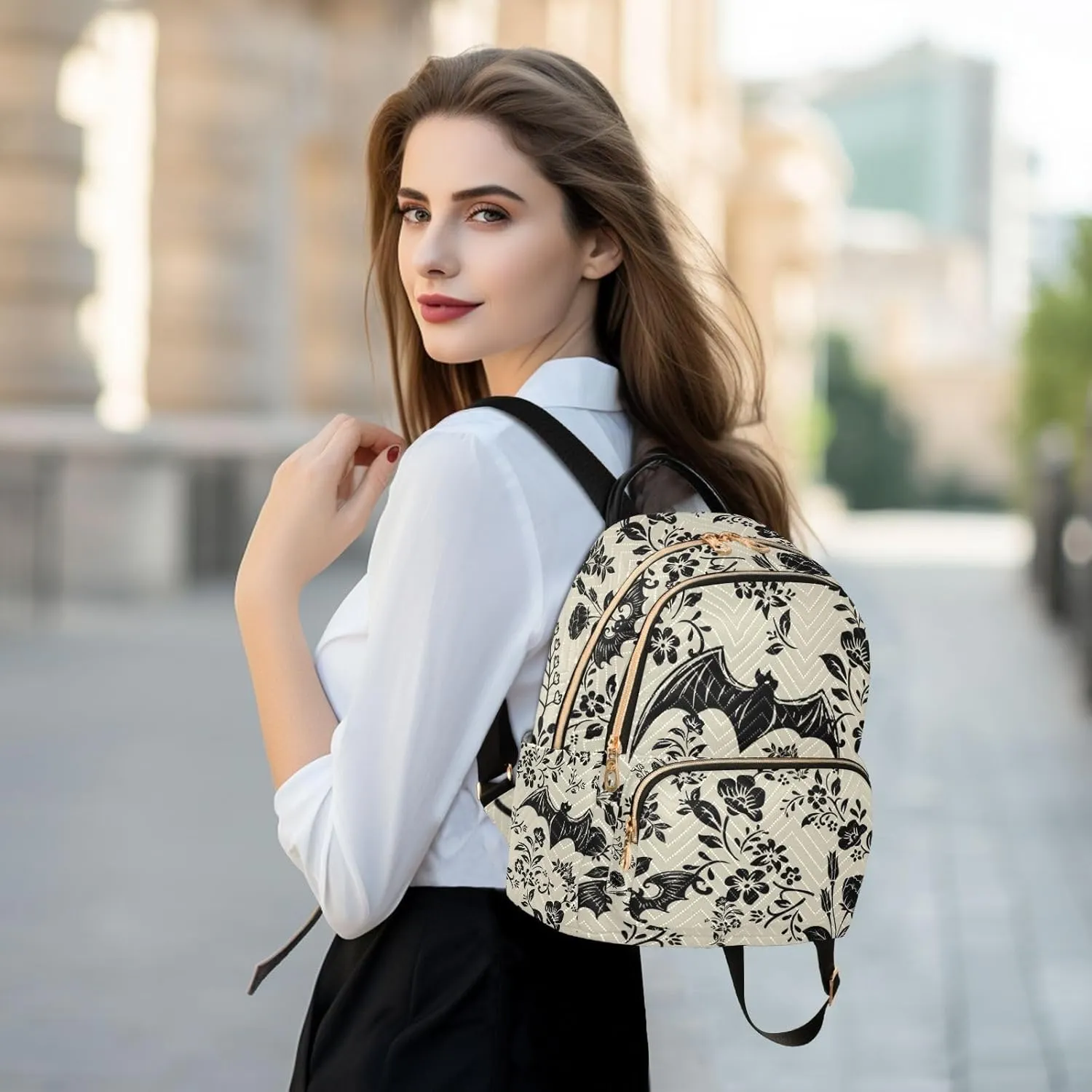 Goth Bat Flowers Quilted Backpack Purse for Women Fashion Small Backpack Shoulder Bag Travel Casual Daypack