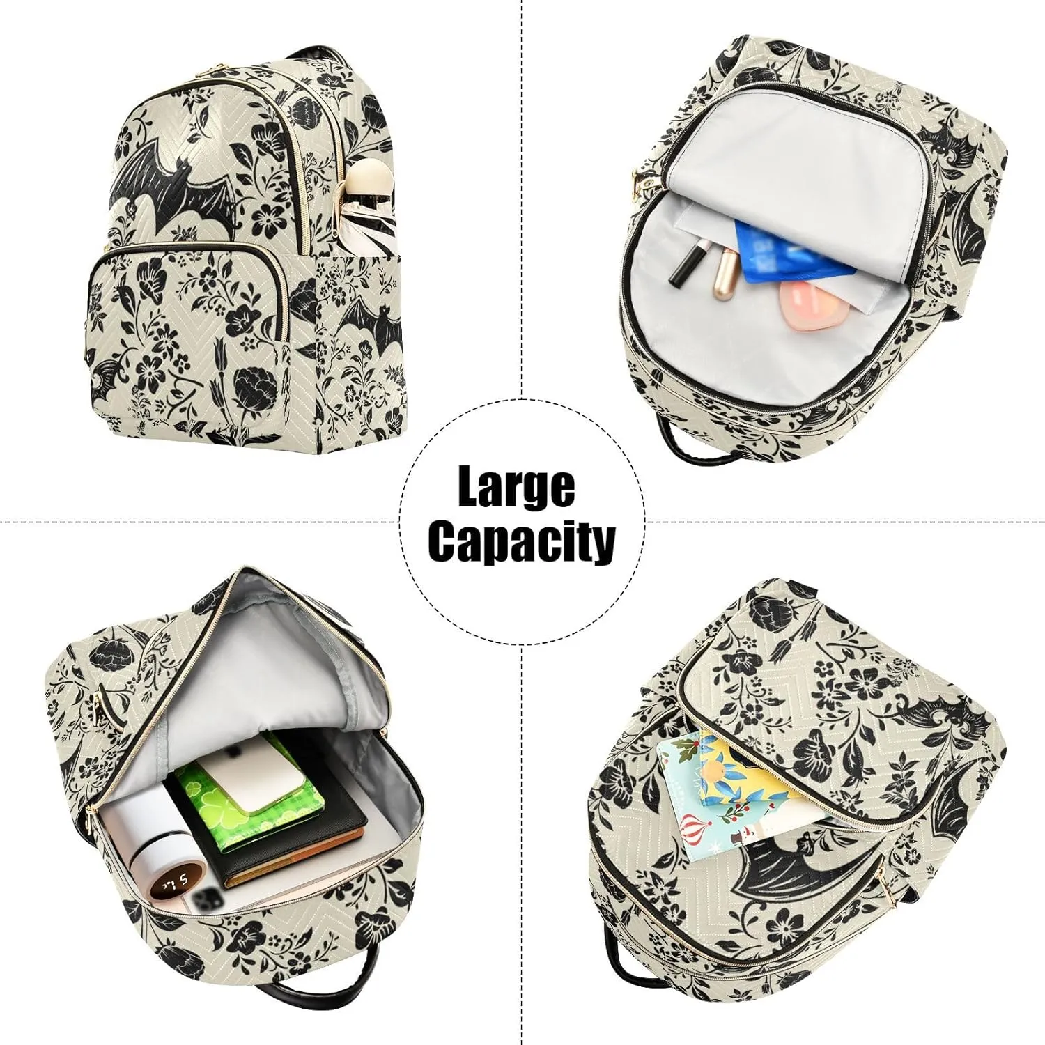 Goth Bat Flowers Quilted Backpack Purse for Women Fashion Small Backpack Shoulder Bag Travel Casual Daypack