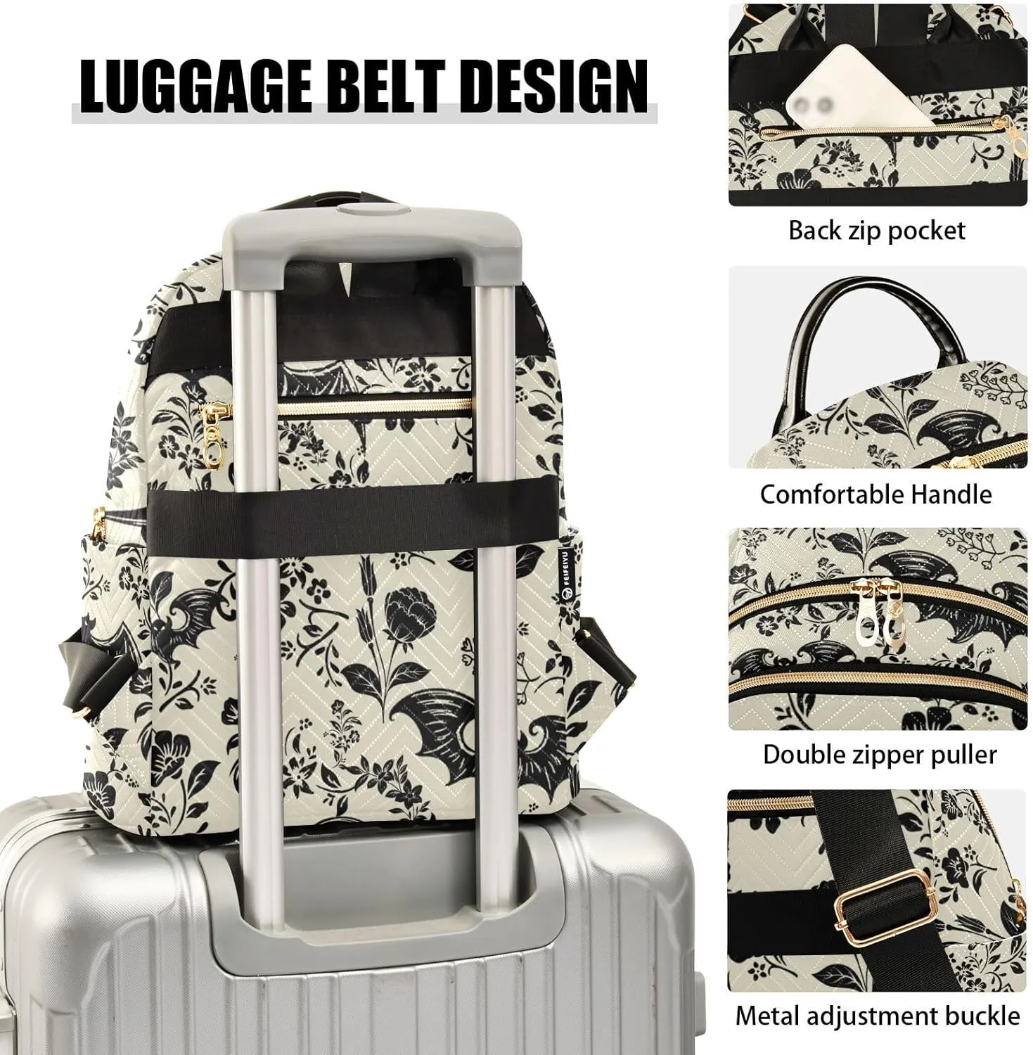 Goth Bat Flowers Quilted Backpack Purse for Women Fashion Small Backpack Shoulder Bag Travel Casual Daypack