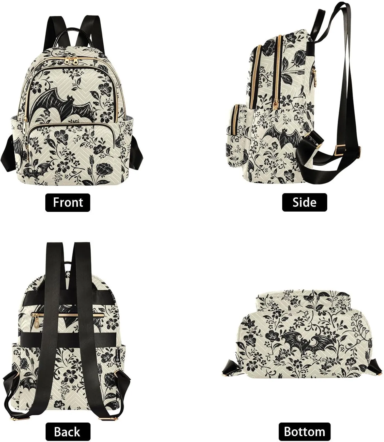 Goth Bat Flowers Quilted Backpack Purse for Women Fashion Small Backpack Shoulder Bag Travel Casual Daypack