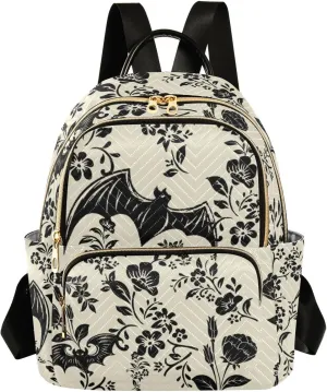 Goth Bat Flowers Quilted Backpack Purse for Women Fashion Small Backpack Shoulder Bag Travel Casual Daypack