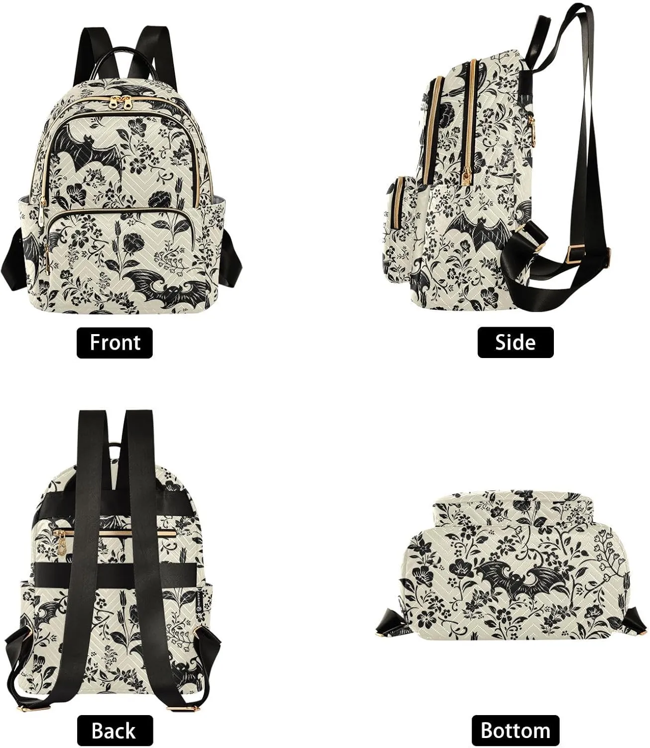 Goth Bat Flowers Quilted Backpack Purse for Women Fashion Small Backpack Shoulder Bag Travel Casual Daypack
