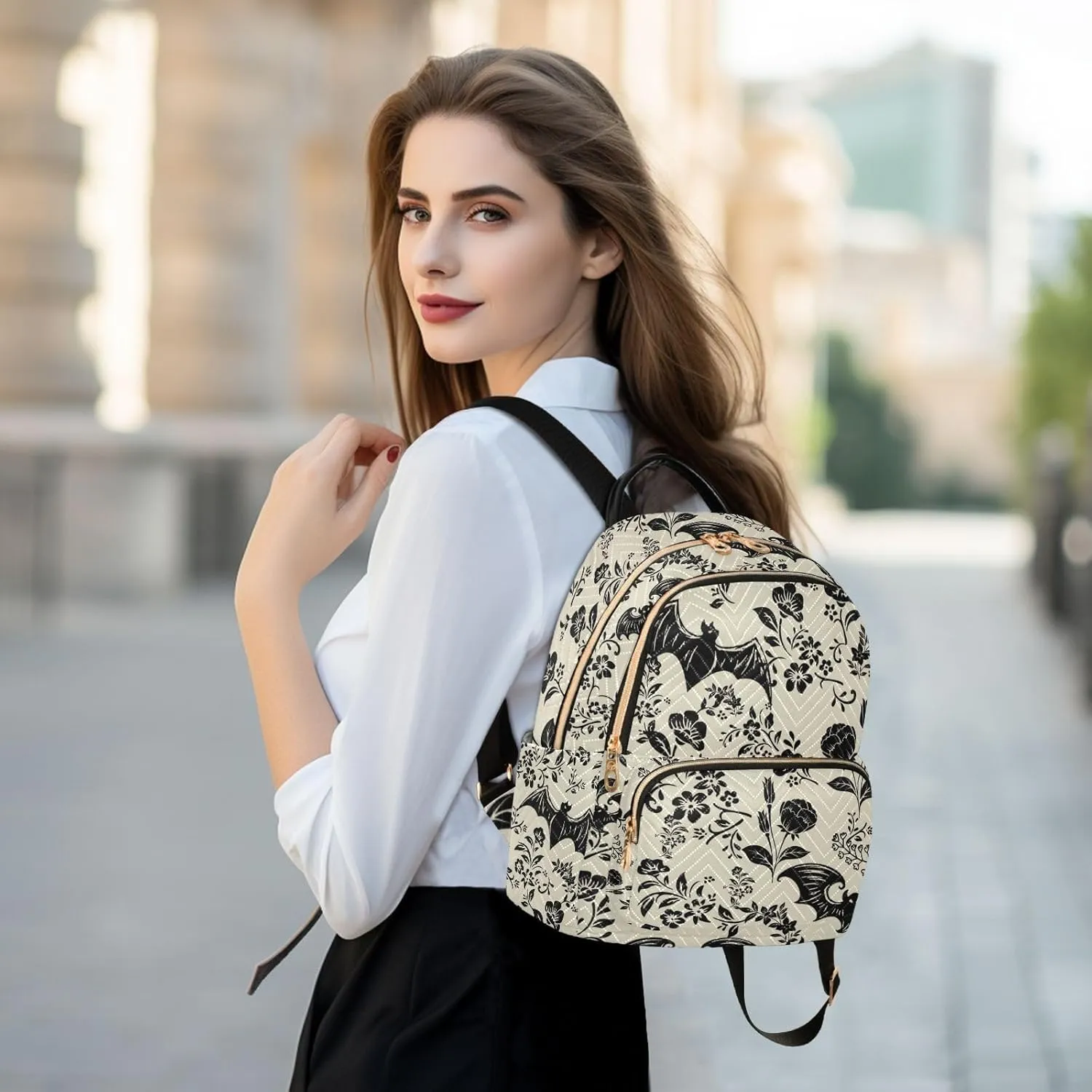 Goth Bat Flowers Quilted Backpack Purse for Women Fashion Small Backpack Shoulder Bag Travel Casual Daypack