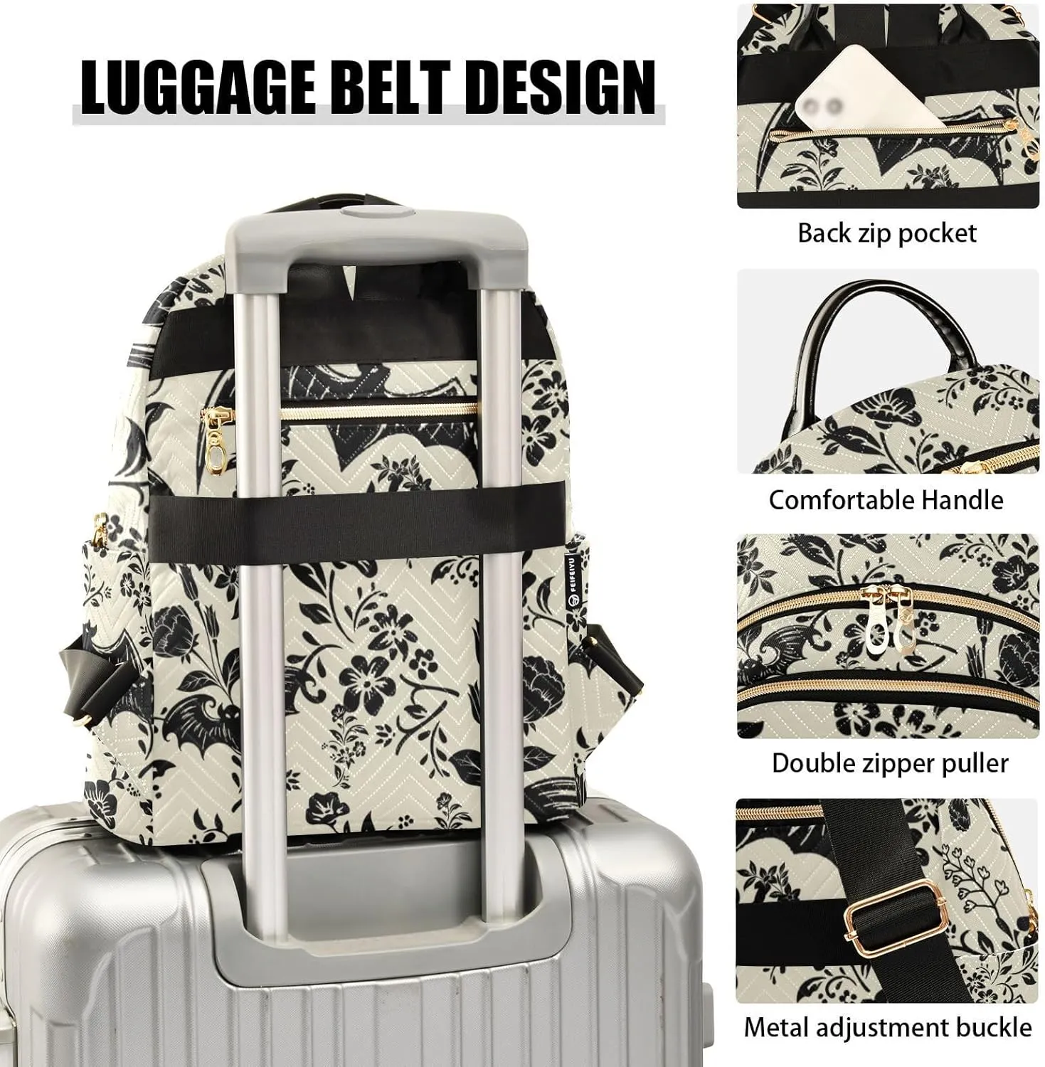 Goth Bat Flowers Quilted Backpack Purse for Women Fashion Small Backpack Shoulder Bag Travel Casual Daypack