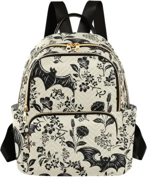 Goth Bat Flowers Quilted Backpack Purse for Women Fashion Small Backpack Shoulder Bag Travel Casual Daypack