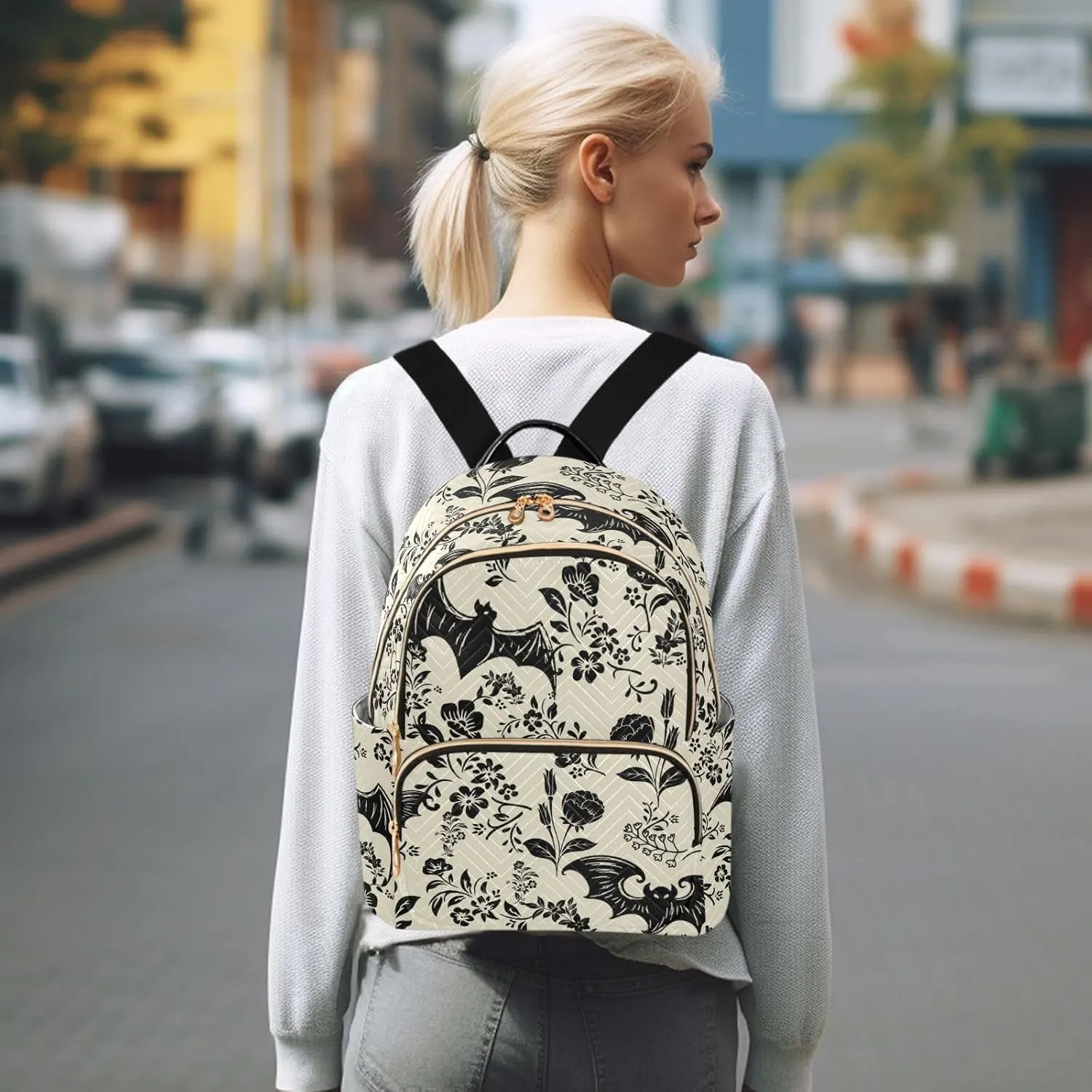 Goth Bat Flowers Quilted Backpack Purse for Women Fashion Small Backpack Shoulder Bag Travel Casual Daypack