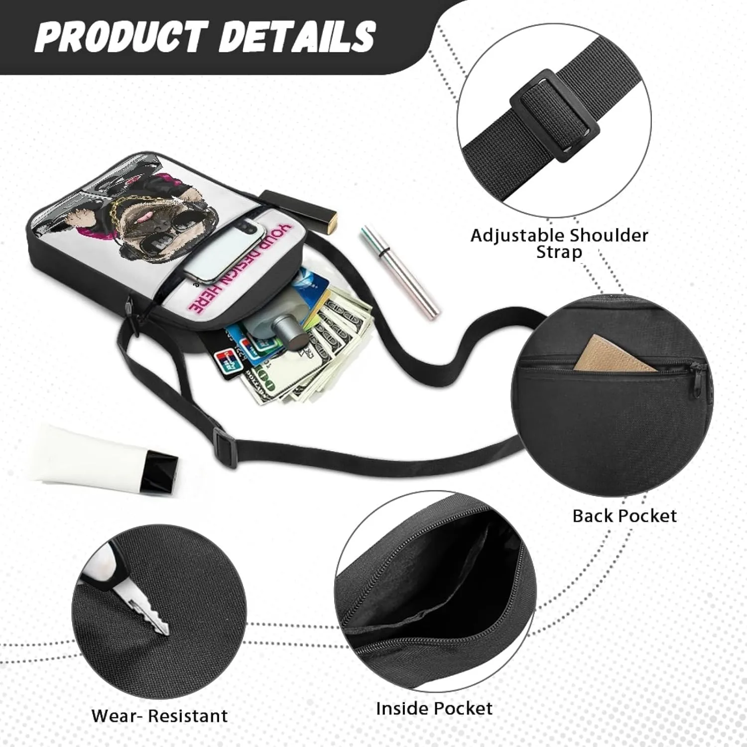Gothic Crossbody Bag Mini Messenger Bags Goth purse With Adjustable Straps