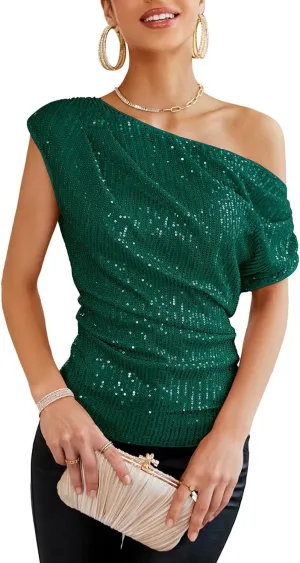 GRACE KARIN One Shoulder Sequin Sparkly Tops for Women Ruched Asymmetrical Glitter Tops Slimming Sparkle Party Shirts