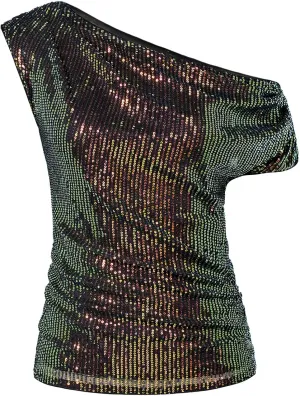 GRACE KARIN One Shoulder Sequin Sparkly Tops for Women Ruched Asymmetrical Glitter Tops Slimming Sparkle Party Shirts