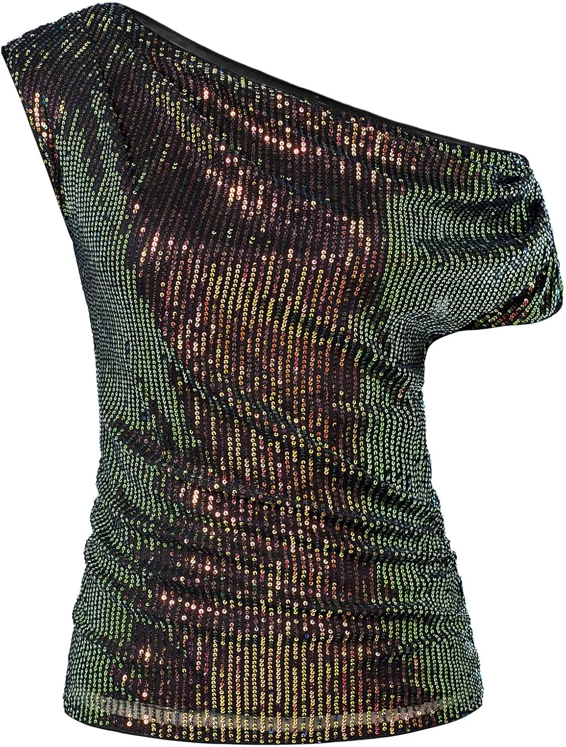 GRACE KARIN One Shoulder Sequin Sparkly Tops for Women Ruched Asymmetrical Glitter Tops Slimming Sparkle Party Shirts