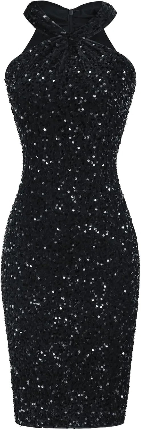 GRACE KARIN Sequin Dress for Women Sleeveless Sparkly Glitter Halter Dress Bodycon Mini Club Dresses 2025