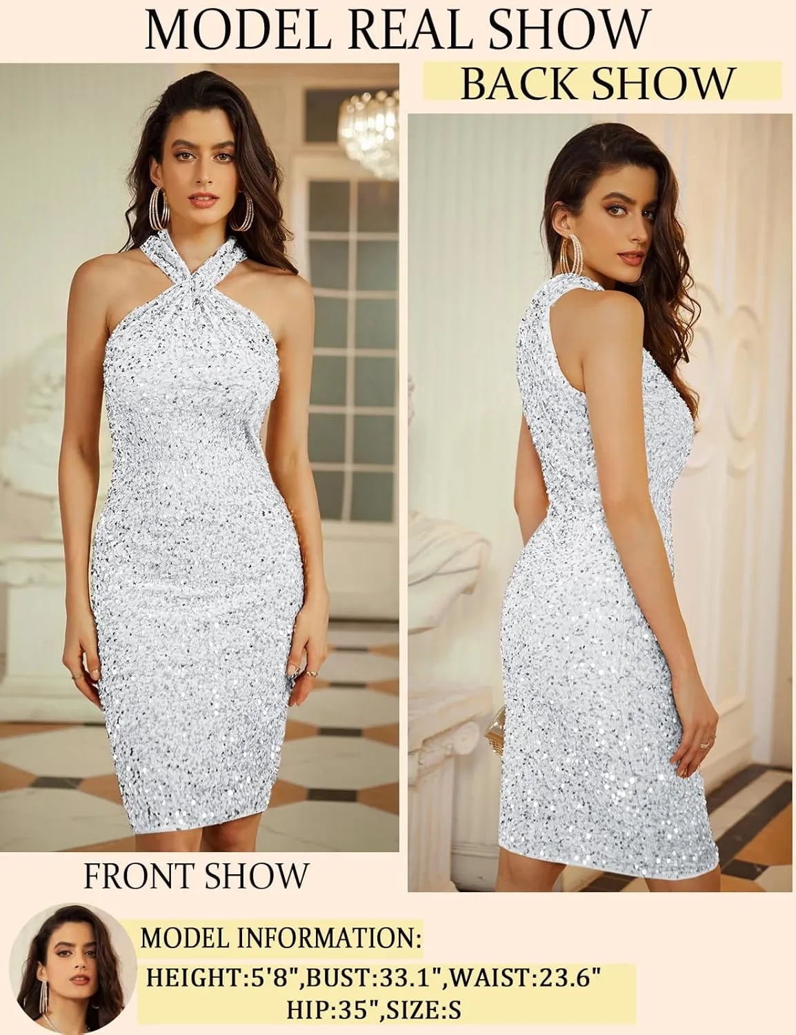 GRACE KARIN Sequin Dress for Women Sleeveless Sparkly Glitter Halter Dress Bodycon Mini Club Dresses 2025