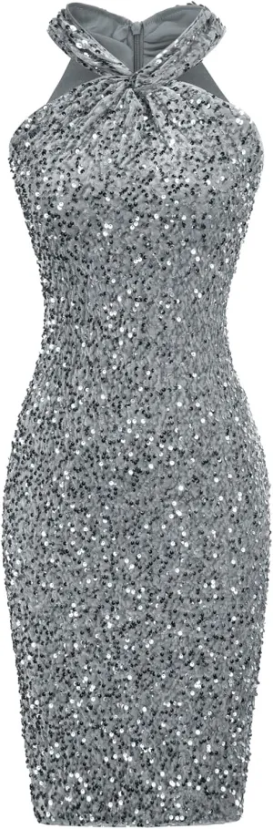 GRACE KARIN Sequin Dress for Women Sleeveless Sparkly Glitter Halter Dress Bodycon Mini Club Dresses 2025