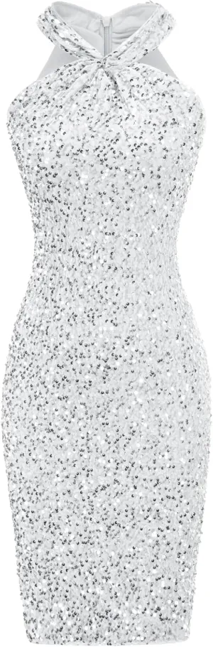 GRACE KARIN Sequin Dress for Women Sleeveless Sparkly Glitter Halter Dress Bodycon Mini Club Dresses 2025