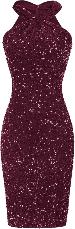 GRACE KARIN Sequin Dress for Women Sleeveless Sparkly Glitter Halter Dress Bodycon Mini Club Dresses 2025