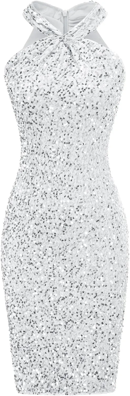 GRACE KARIN Sequin Dress for Women Sleeveless Sparkly Glitter Halter Dress Bodycon Mini Club Dresses 2025
